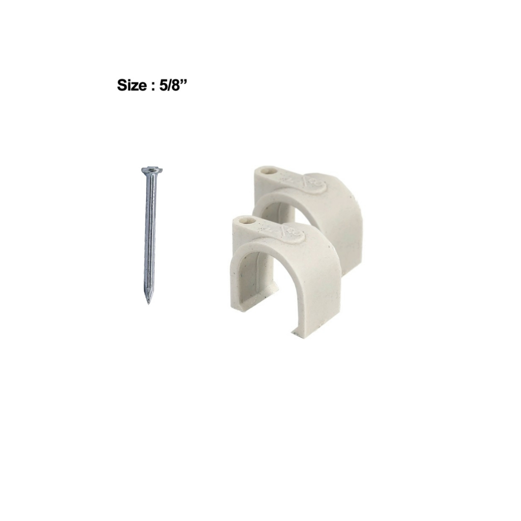 Clam Paralon / Klem Pipa Listrik PVC + Paku Beton 5/8" Putih