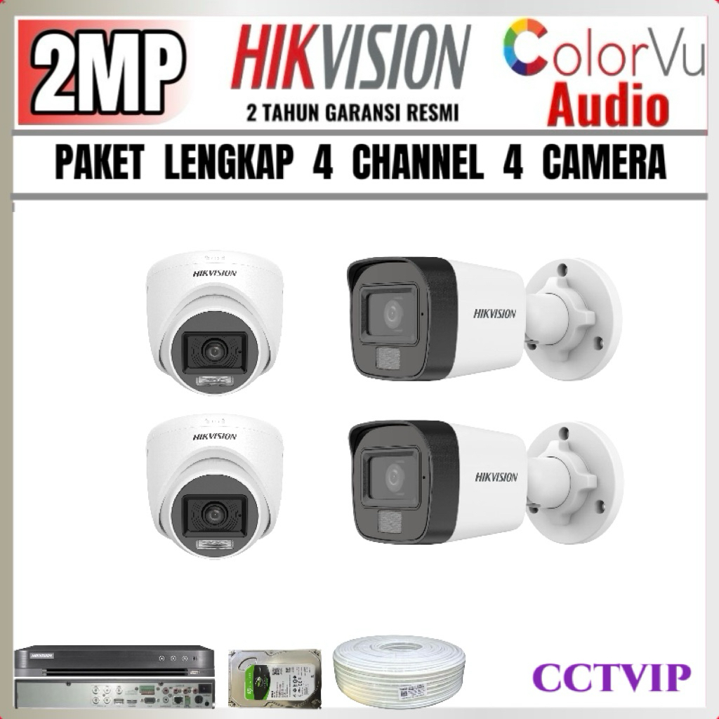 PAKET CCTV HIKVISION 2MP COLORVU AUDIO 4 CHANNEL 4 CAMERA  TURBO HD COLORVU AUDIO LENGKAP