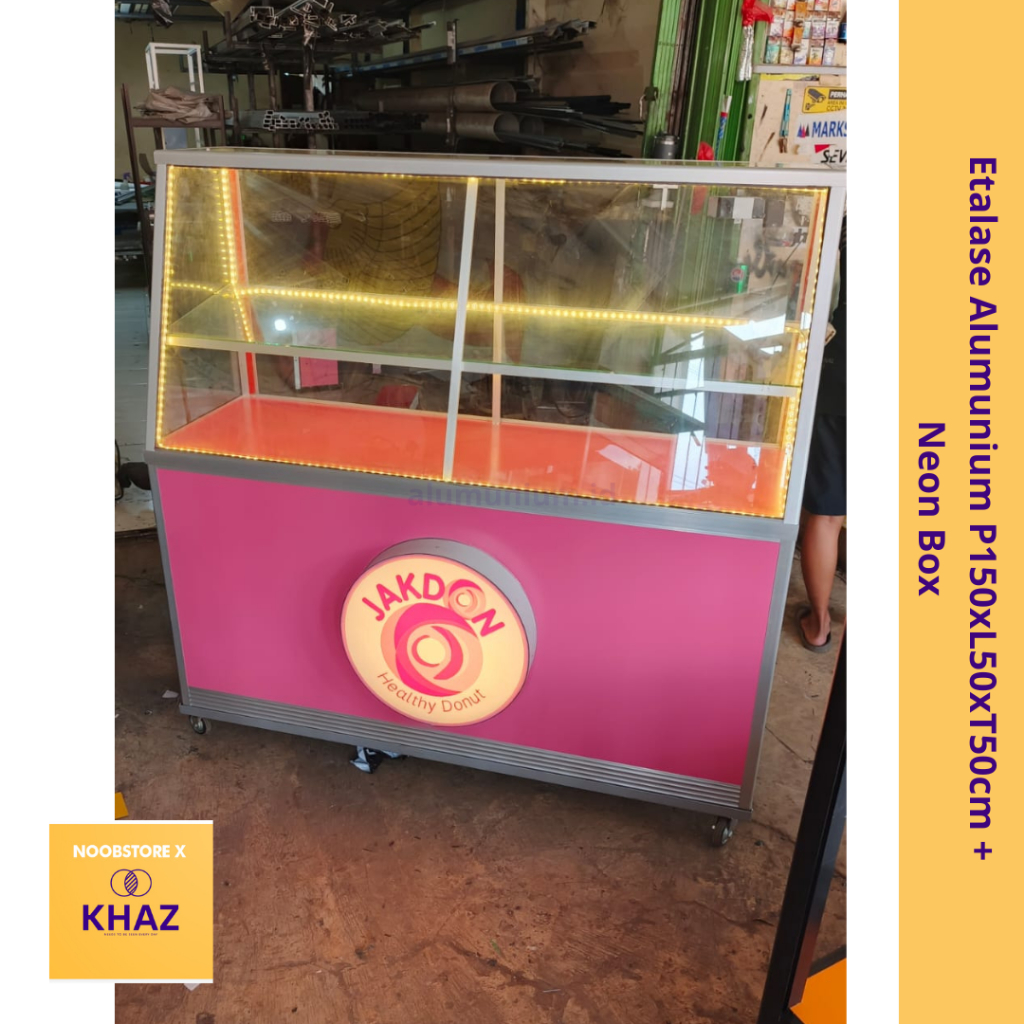 Etalase Donat/Makanan Kaca Alumunium + Neon Box 45cm