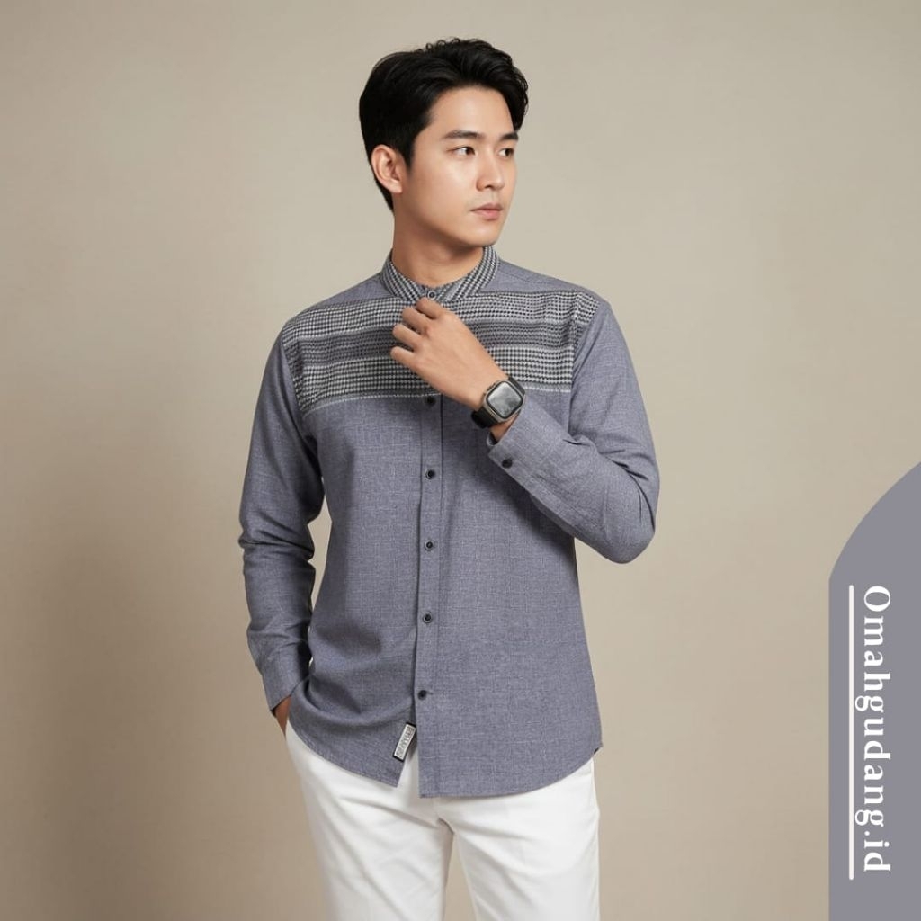 Kemeja Koko Lengan Panjang Pria Motif Songket Simple Elegan Bahan Katun Madinah