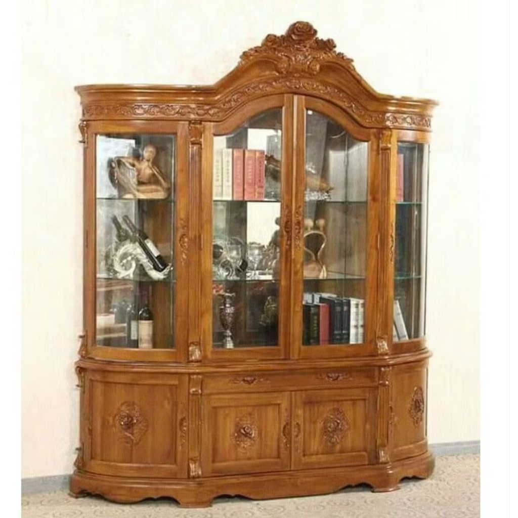 bufet pajangan kayu jati ukir/bufet hias kaca kayu jati/bufet pajangan jati ukir