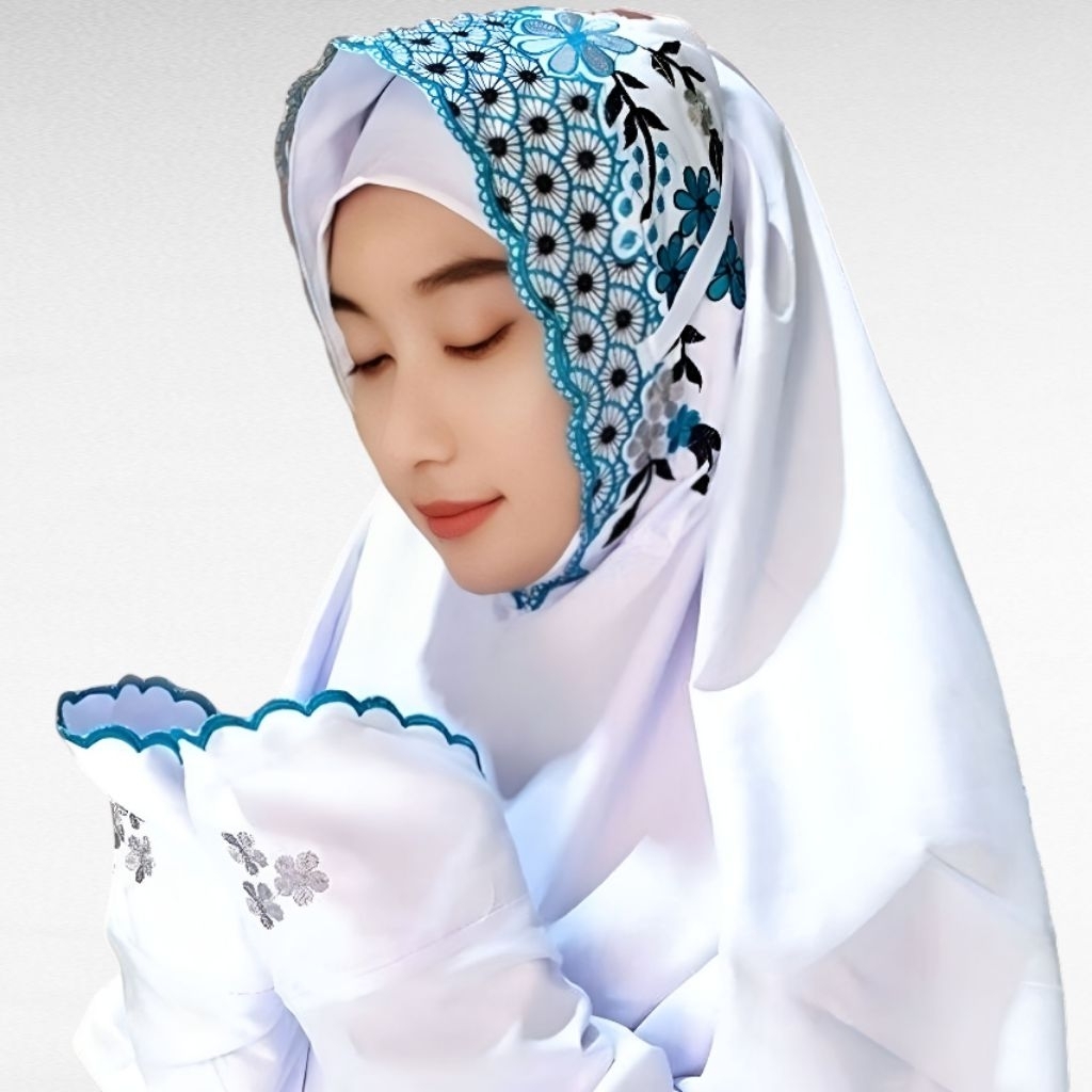 Mukena Lajuran Bordir Bunga Tiga Melati | Katun Mikro Premium Hitam | Elegan & Mewah untuk Ibadah