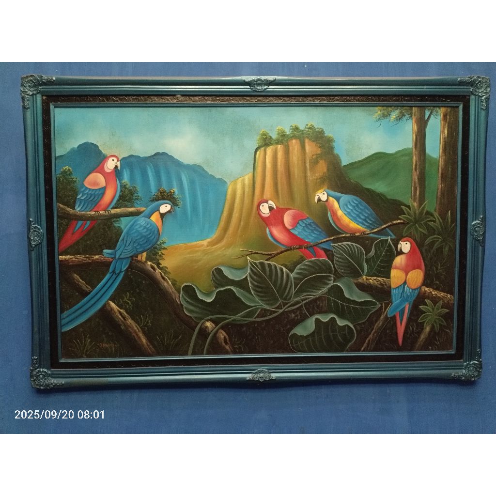 Lukisan Burung Beo Macaw di Hutan Tropis Air Terjun - Karya Asli Davina Vintage Frame 80x120cm - Dek
