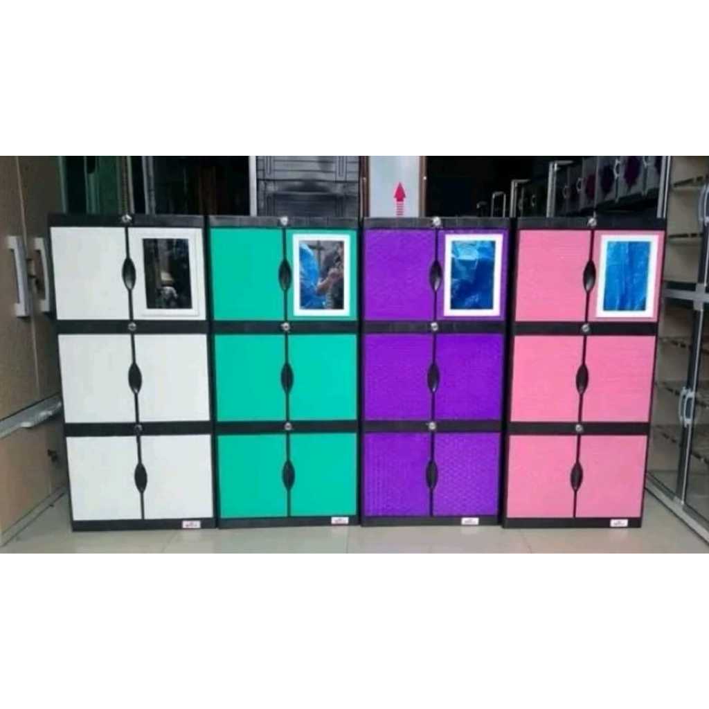 Lemari Plastik Susun 3 Kaca Full Kunci Queen Rotan Kaca / Lemari Plastik Kaca 3 Pintu