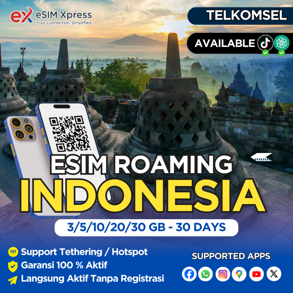 eSIM Roaming Telkomsel Indonesia Support TKTK 3GB/5GB/10GB/20GB 30 Hari | eSIM HP Blokir | eSIM IPHO