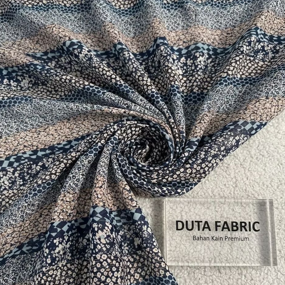 Ceruti Babydoll Printing Flowy Motif Bunga Navy & Mocca | Kain Chiffon Lebar 150cm (Harga Per 0,5)JY