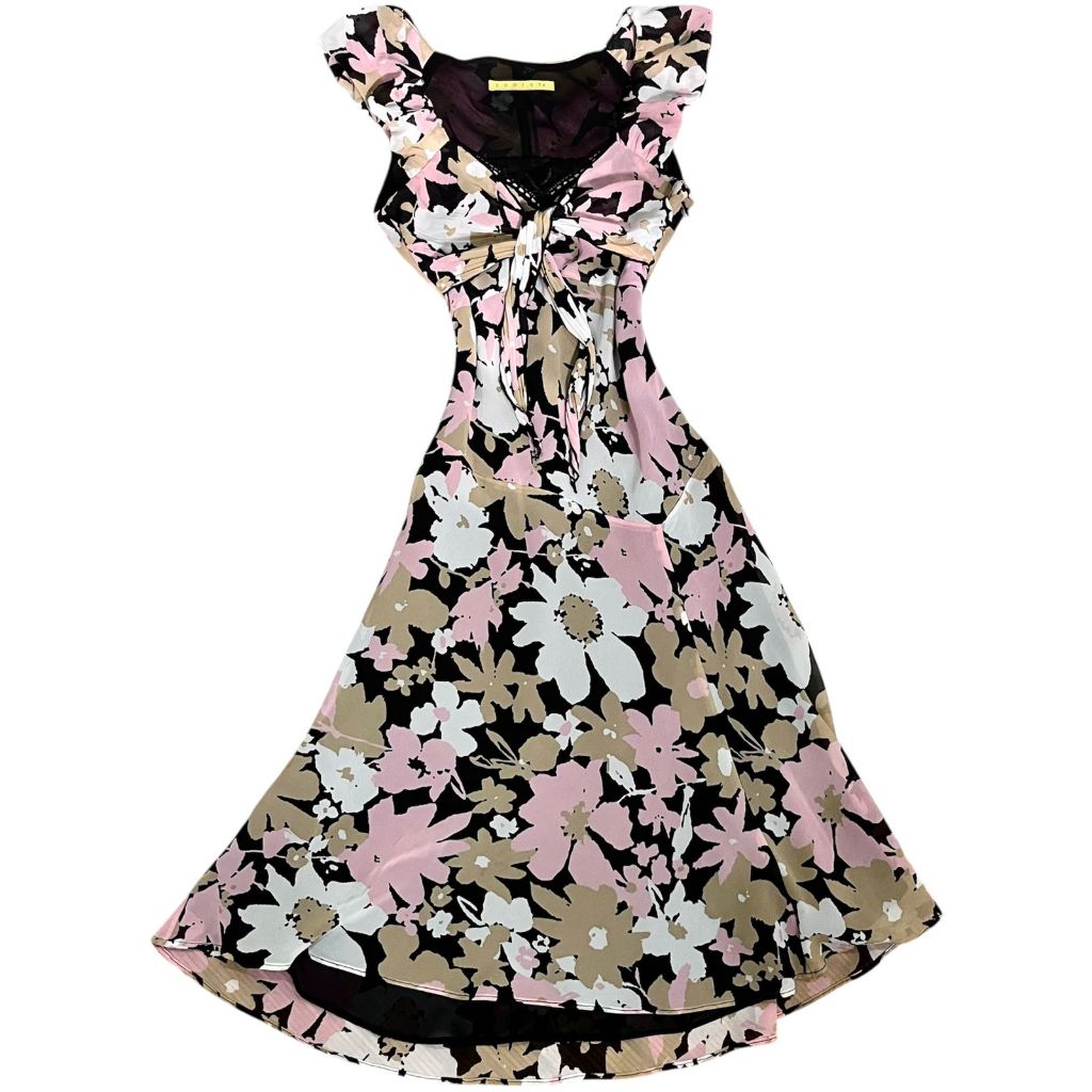 Egoist y2k Floral Asymmetrical Bodyfit Bustier Front Tie Ribbon Maxi Dress | Vintage Scrunched Bow L