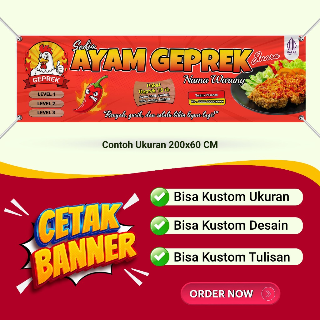 Cetak Spanduk Ayam Geprek Unik Kekinian  /  Banner Ayam Geprek Paket Lalapan Berbagai Macam Ukuran
