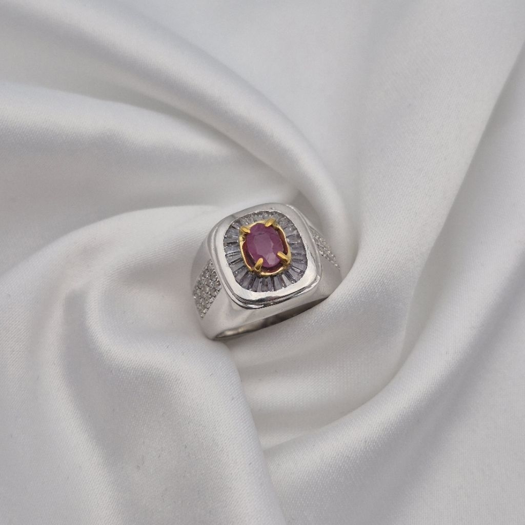 Cincin perak batu Natural Ruby Burms No Heat, ukuran jari bisa disesuaikan (freesize), natural ruby 