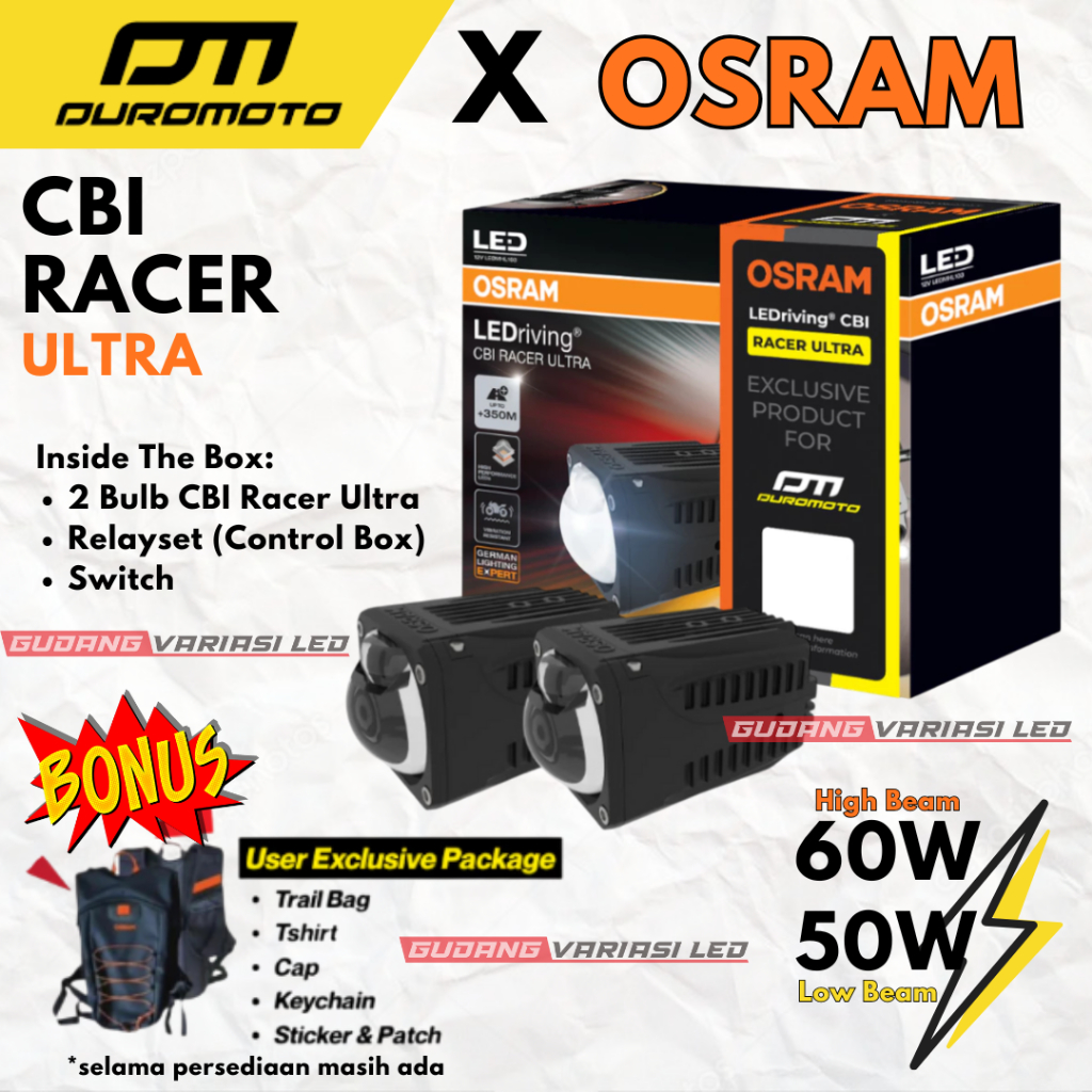 Duromoto X Osram CBI Racer Ultra Lampu Foglamp Led Motor Mini Biled Waterproof Tahan Air 60/50 Watt