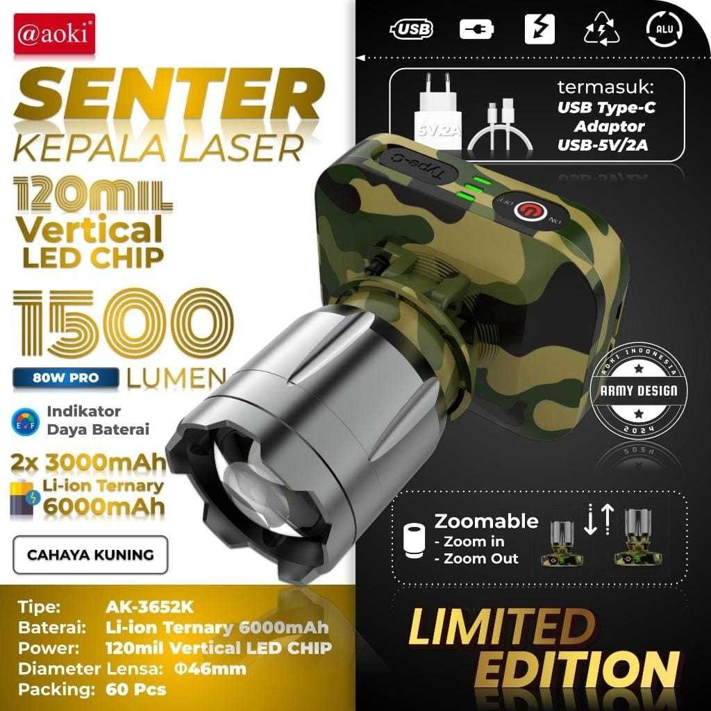 SENTER KEPALA LED ZOOM AOKI AK-3651A 80WAT PRO/AK-3562K CAHAYA KUNING-LORENG