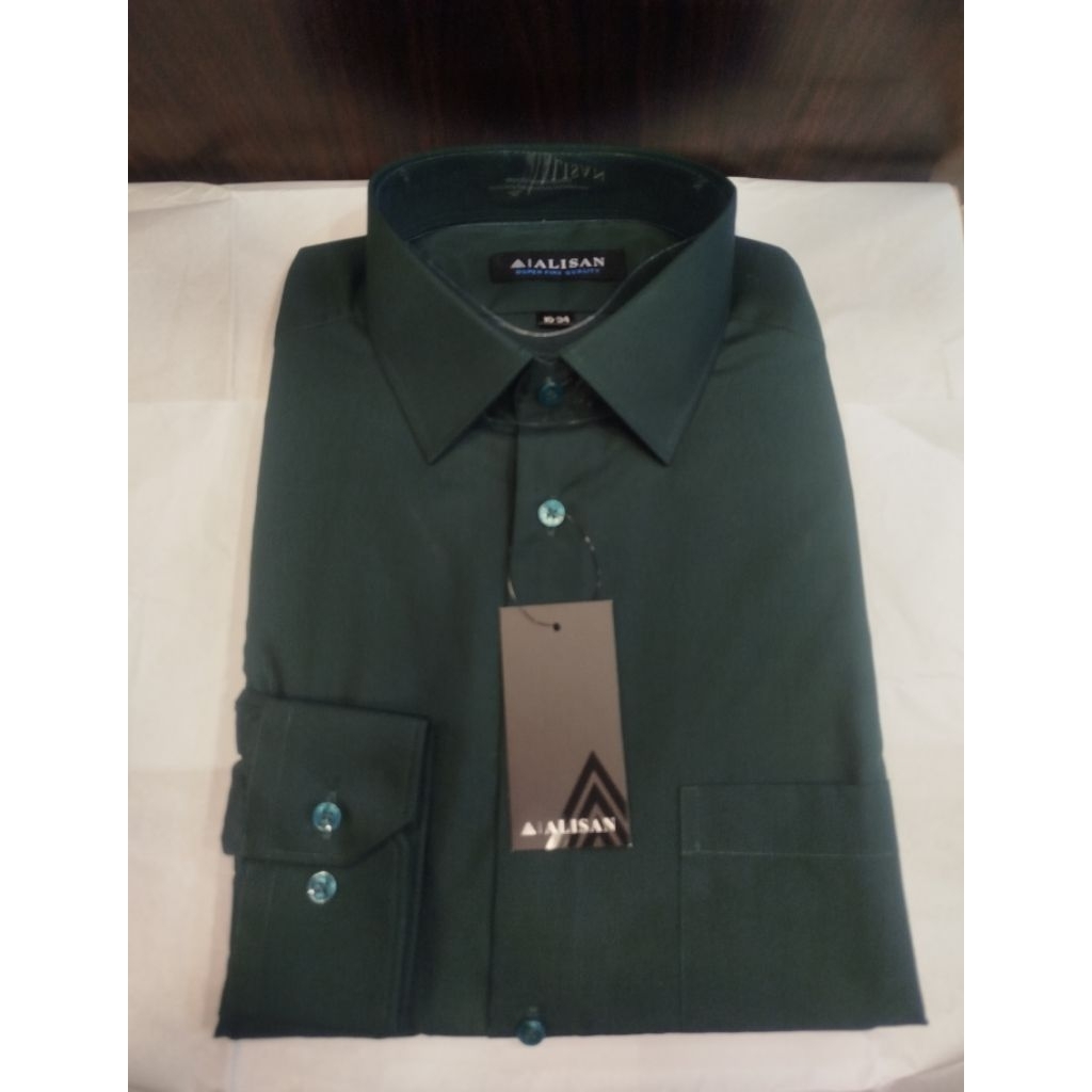 Alisan Kemeja Polos Hijau Botol1 Lengan Panjang Reguler