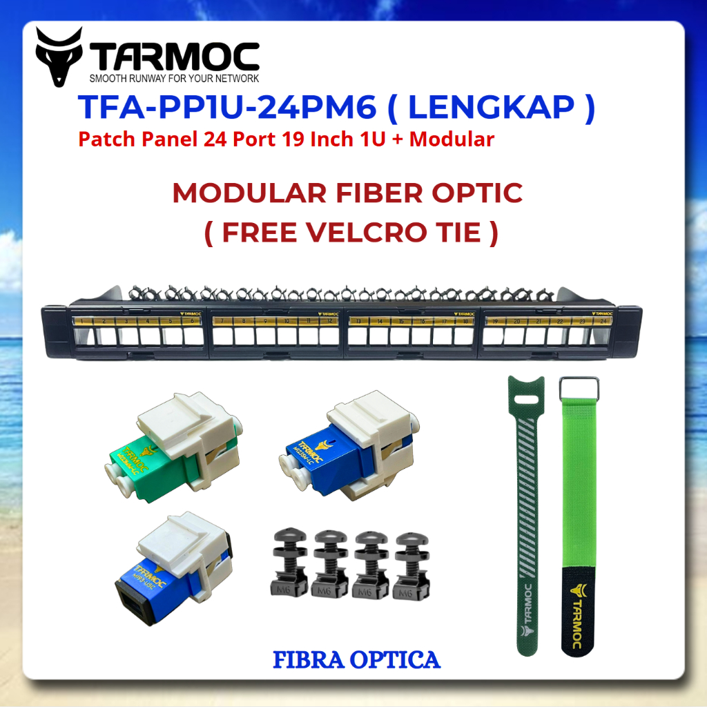 Tarmoc TFA-PP1U-24PM6 | Patch Panel 24 Port Fiber Optic FO LENGKAP Free 8 pcs Velcro tie