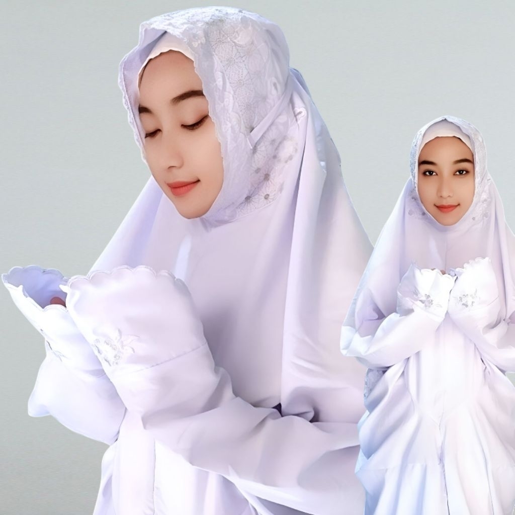 Mukena lajuran santri bordir putih bahan katun mikro premium