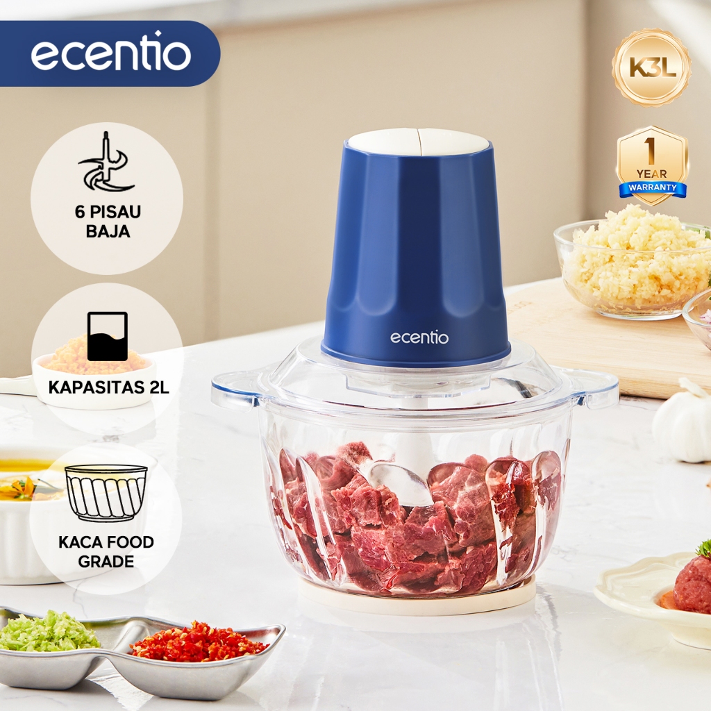 ecentio 3 IN 1 Food Chopper 6 Mata Pisau 2L Kaca Penggiling Daging Processor 350W Food Grade Mesin G