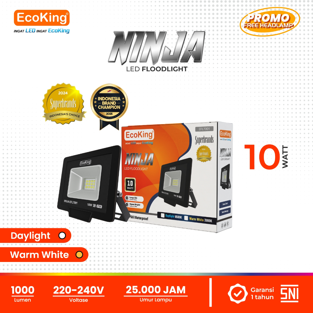 EcoKing Lampu Sorot LED Flood Light Ninja 10W Cahaya Putih/Kuning (NINJA-EFL7001)