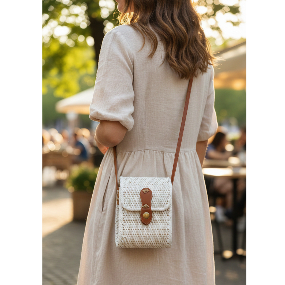 Tas Selempang Mini Rajut Putih Tali Kulit Crossbody Bag Wanita - Tas Liburan Ke Pantai