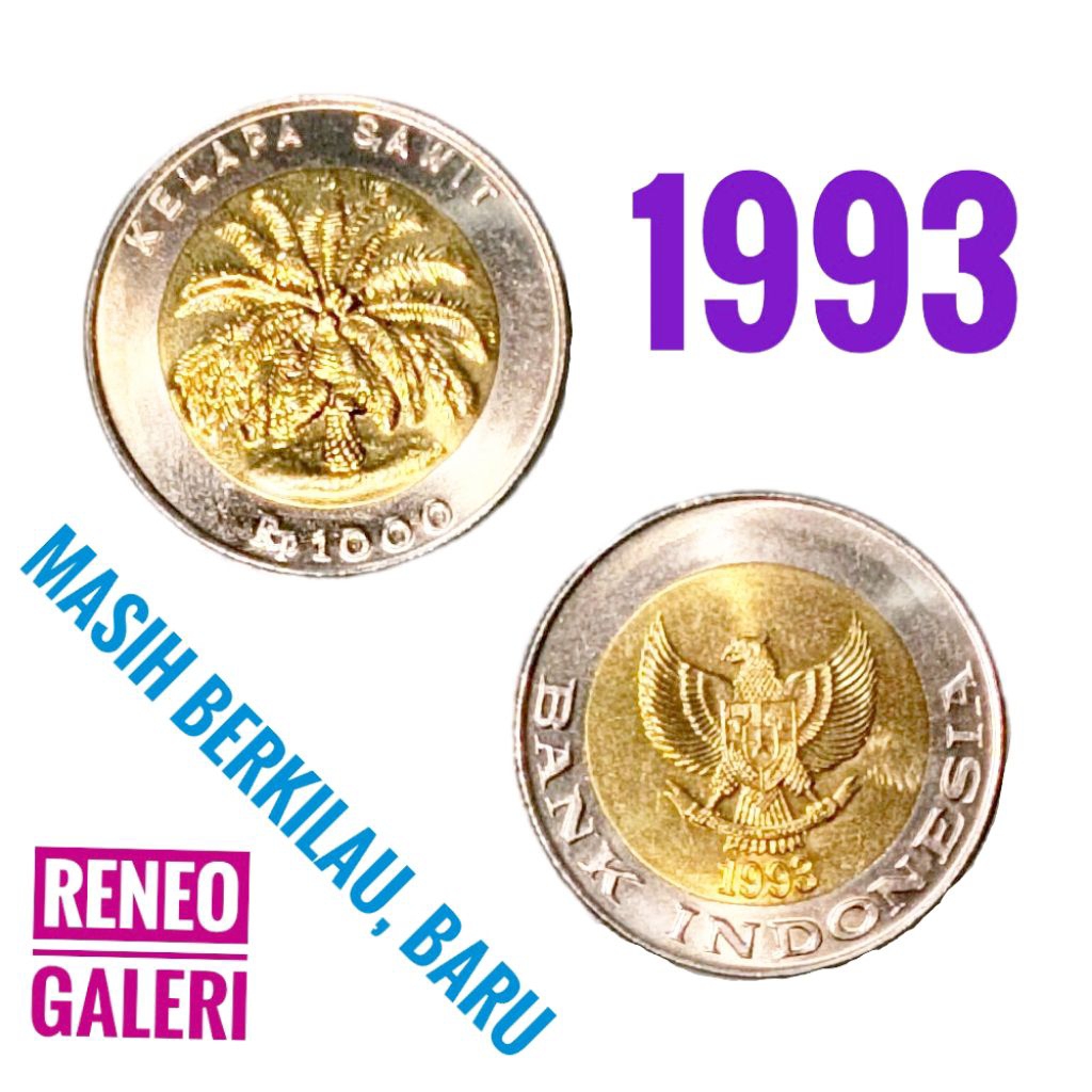 Tahun Cetak Pertama 1993 Koin 1000 Rupiah Kelapa sawit Luster berkilau bimetal tertua uang kuno duit
