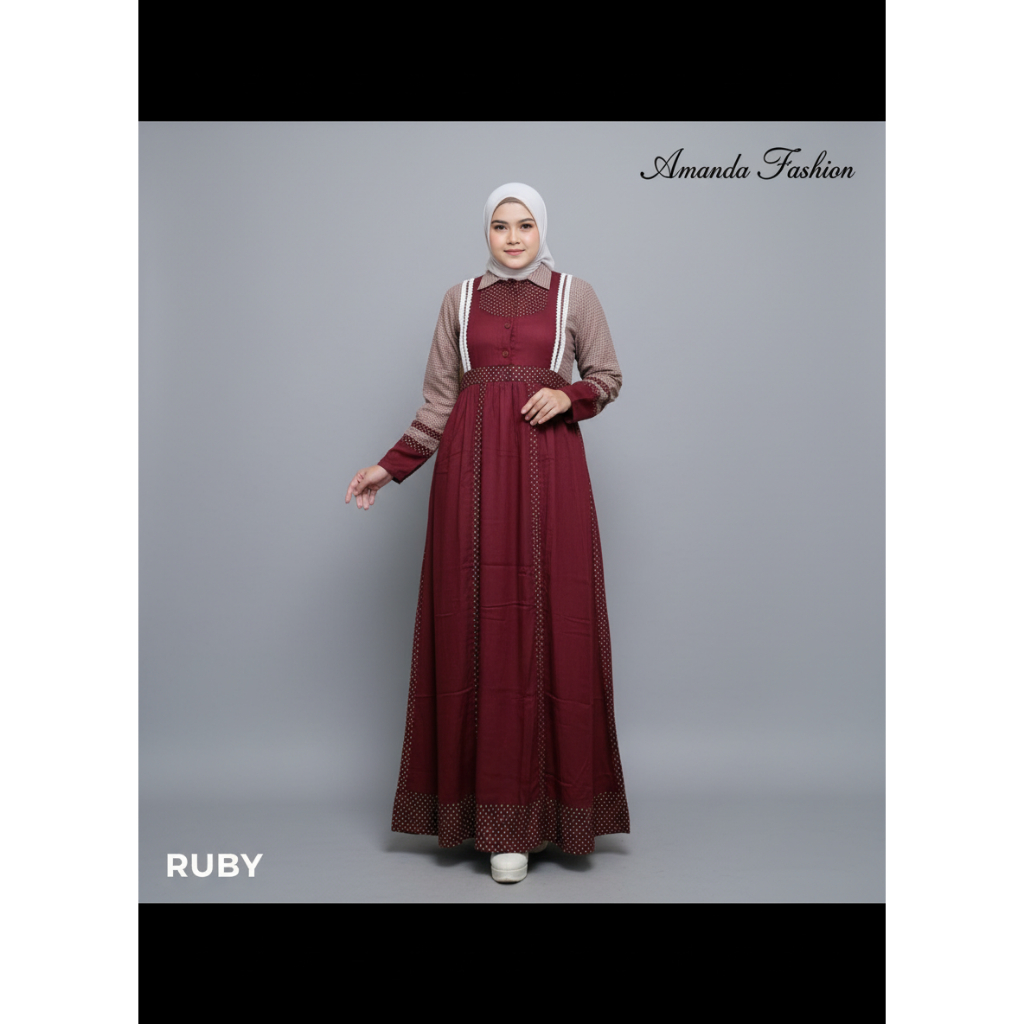 Gamis Amanda Ruby Rayon Twill Premium Mix Katun Haruka Kotak & Rayon Viscose Polkadot (Free Pouch, G