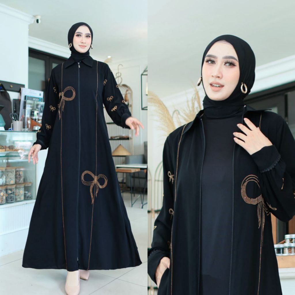 Gamis Abaya Jetblack Semi Outer Simpel Motif Pita Gold