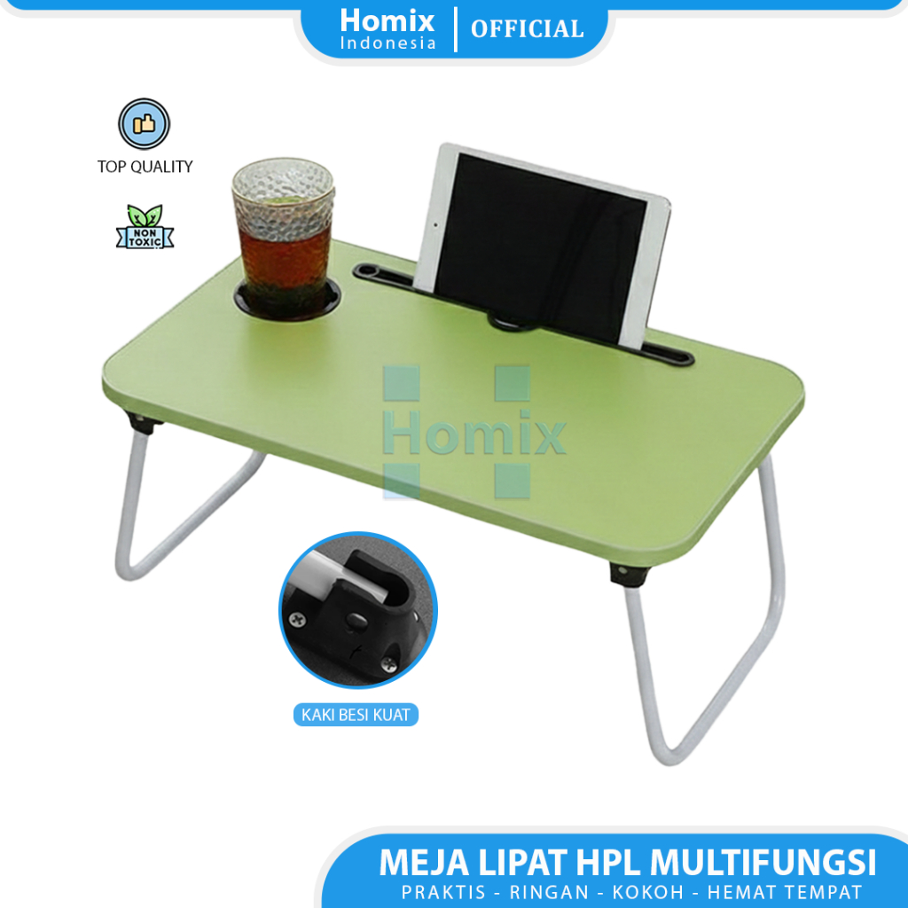 Homix - Meja Laptop Lipat Kayu HPL Kaki Besi Kokoh Meja Belajar Kerja Serbaguna Portable