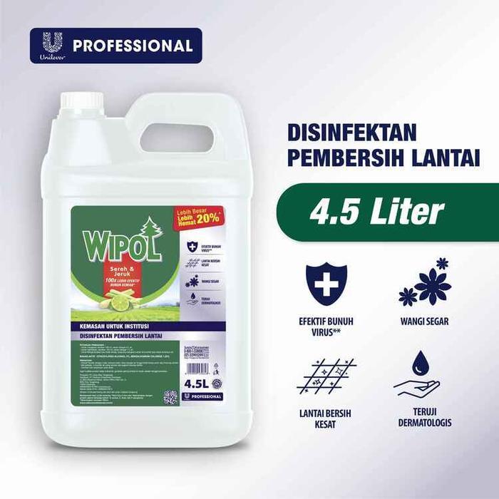 Wipol Disinfektan Lantai Sereh Jeruk 4.5L Polos Tanpa Sticker / Pembersih Lantai, Menghilangkan bau 