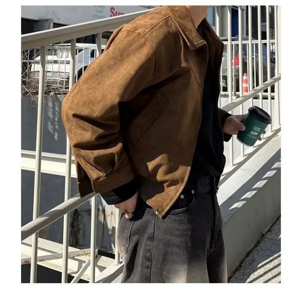 cuci gudang jaket suede pria bahan kulit suede asli lembut model casual