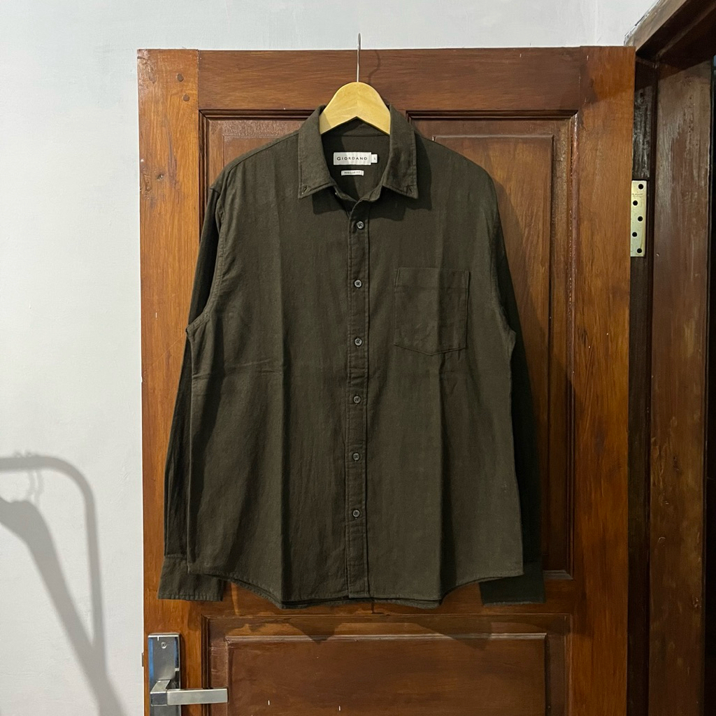 [L-XL] Giordano Cotton Shirt Long Sleeve ‘Reguler Fit’ I Green Army I Vintage Vtg Retro Kemeja Garis