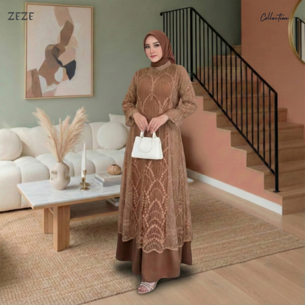 Zeze - Allea Dress Gamis Silk Brokat Premium Mocca Abaya Maxy Brukat Mewah Terbaru