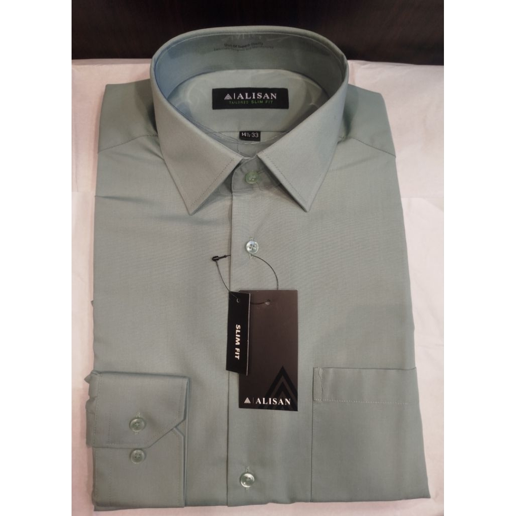Alisan Kemeja Polos Hijau Sage Lengan Panjang Slimfit