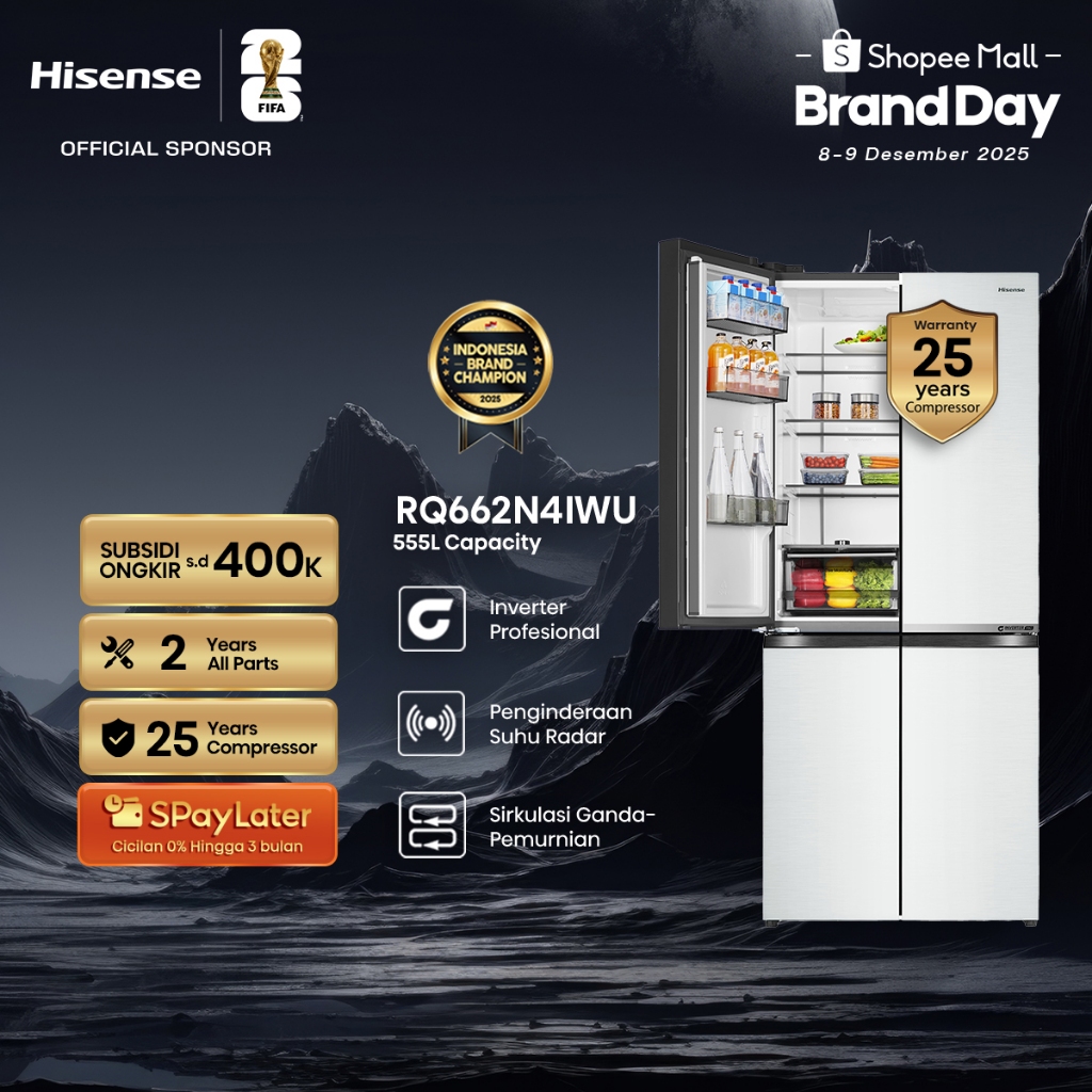 Hisense Kulkas RQ662N4IWU Refrigerator 4 Pintu Kapasitas 555L Warna Putih Inverter Pro 360 Derajat M