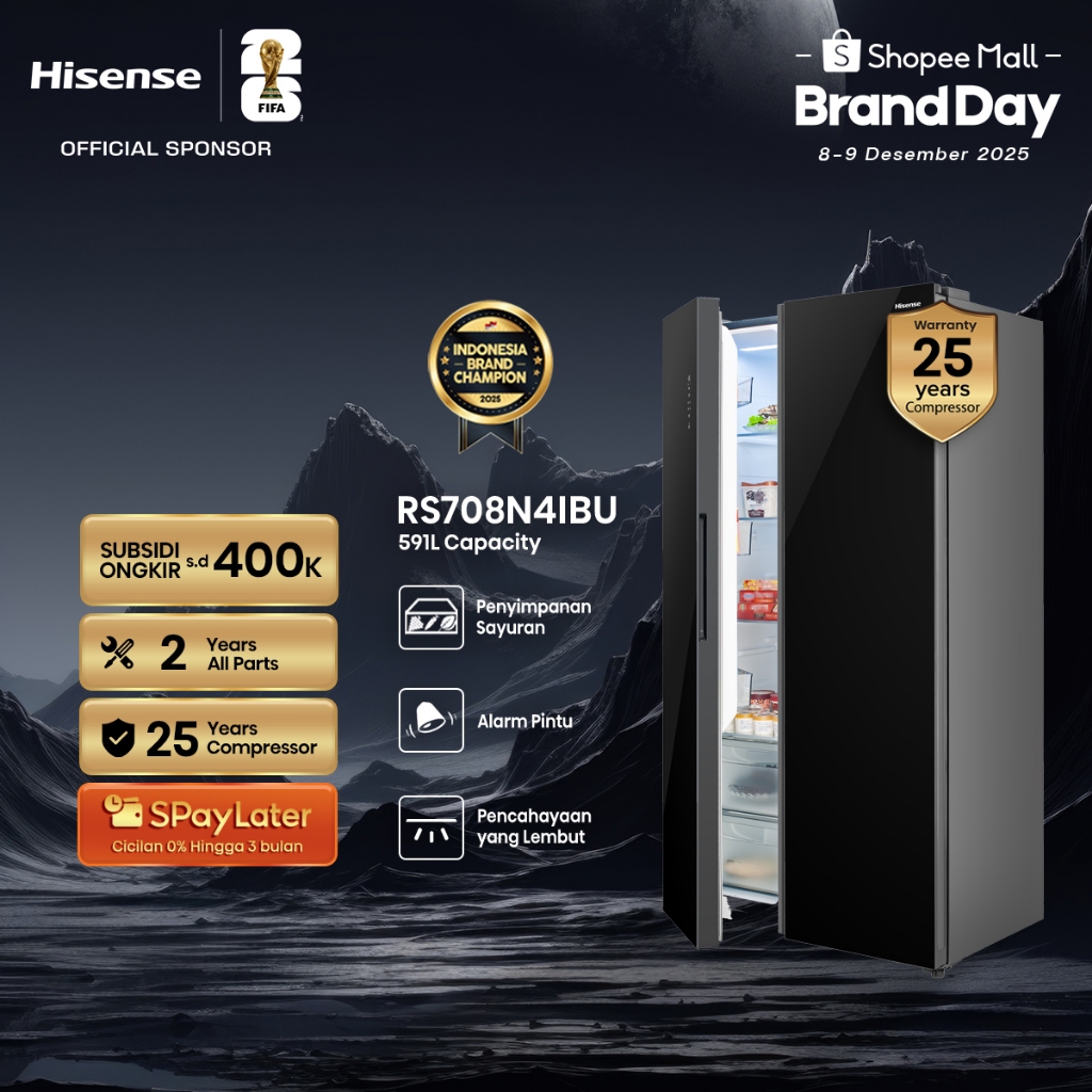 Hisense Kulkas RS708N4IBU Refrigerator Side By Side Kapasitas 591L Warna Hitam Inverter Tanpa Bunga 
