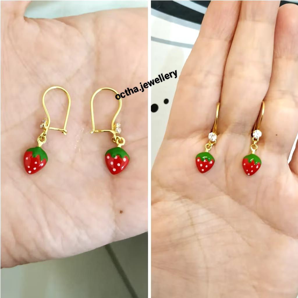 Anting Kait Anak strawberry Perak Asli 925 Lapis Emas