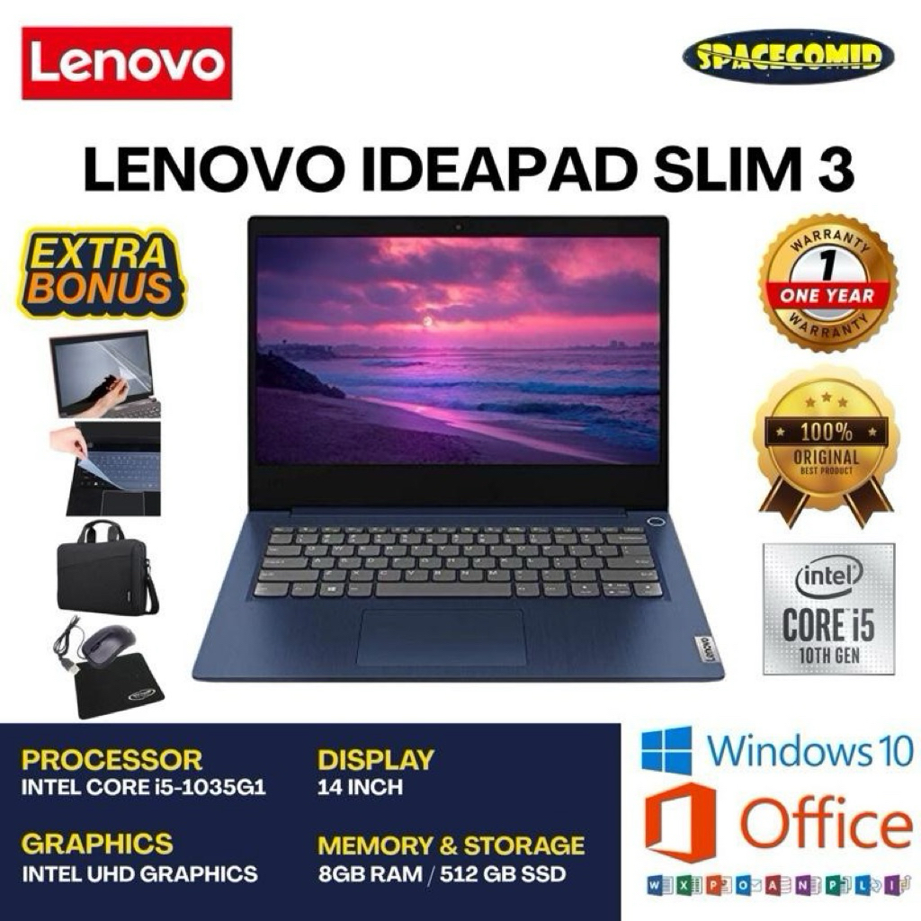 LENOVO IDEAPAD SLIM 3 [INTEL CORE I5-1035G1] 8GB RAM | 512GB SSD | 14INCH | FREE ACC
