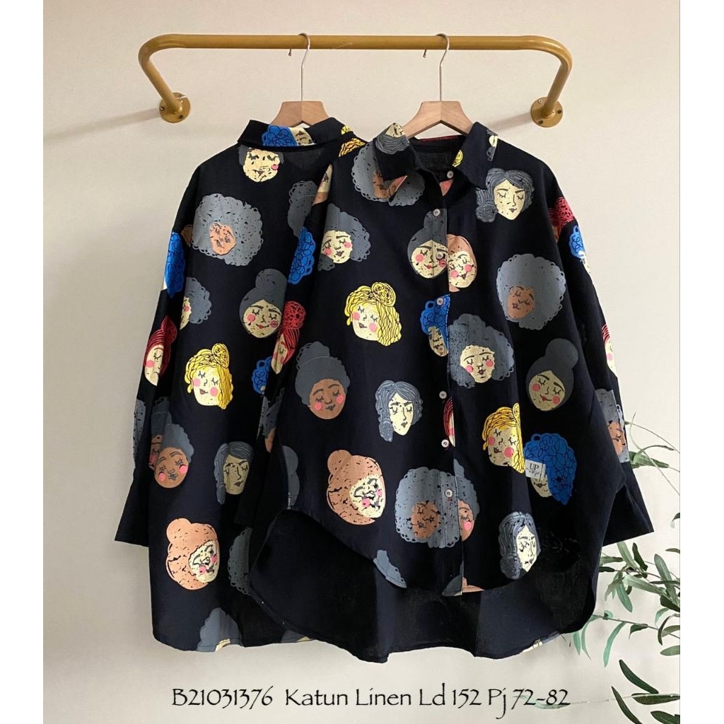 Blouse kemeja wanita katun linen motif oversize jumbo