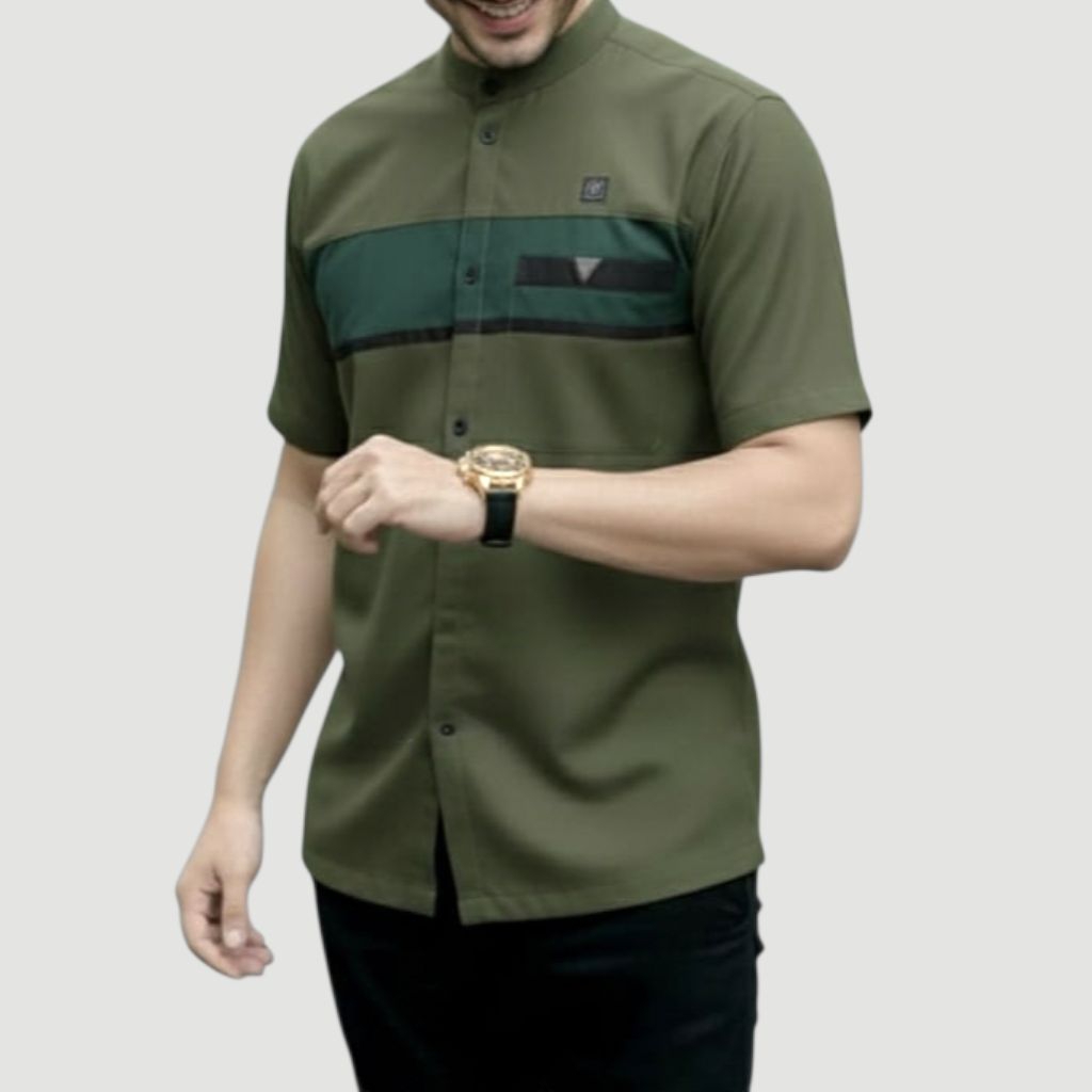 Batik Adavin Baju Koko Pria Lengan Pendek Katun Adem Nyaman Koko Pria Warna HIJAU ARMY New Arrival