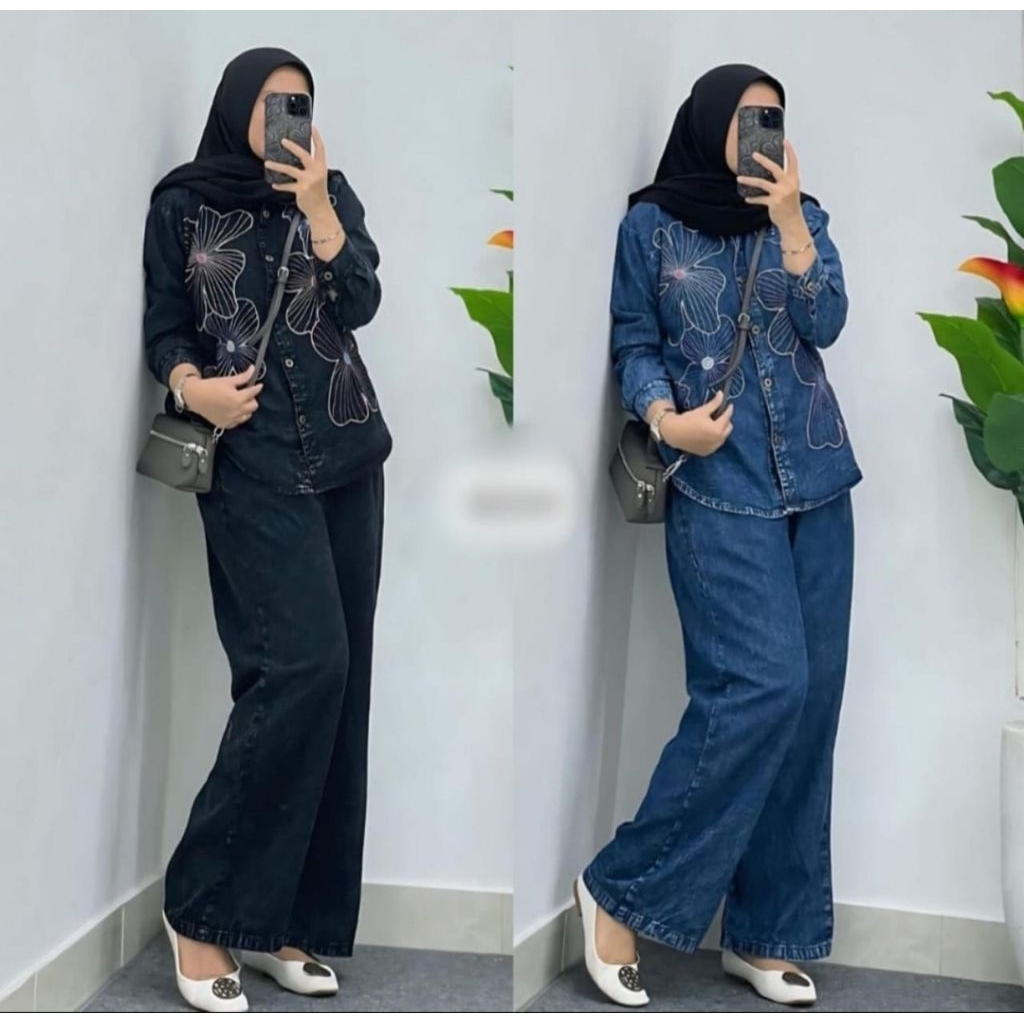Oneset Wanita Kekinian, Setelan Jeans Denim wanita Kekinian, setelan jeans bordir kekinian, OOTD wan