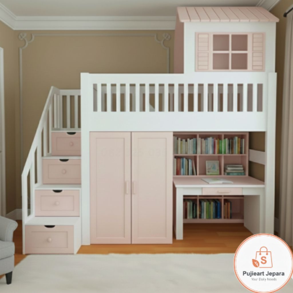 Tempat Tidur Tingkat Almari Bawah Meja Belajar , Bunk Bed Apartmen Anak Perempuan Murah