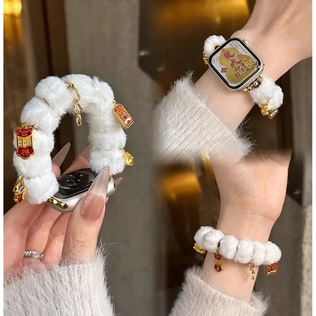 Strap Apple Watch Imlek Xiaomi Huawei Fit Mi band Pro 8 9 10 gelang bulu soft feminime stylish aesth