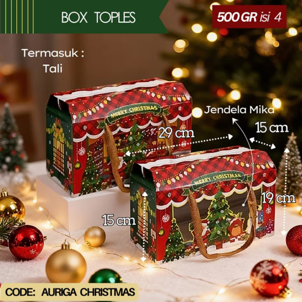 Box Toples Natal Auriga – Muat 4 Toples Bulat 7x14.5 cm | Hampers Christmas Duplex 250gr + Tali + Mi