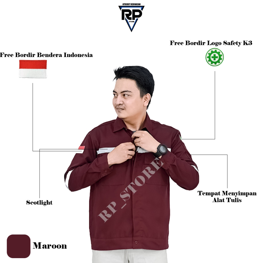 Baju Safety Warna Merah Maroon Lengan Panjang Seragam Kerja Lapangan Kemeja Proyek Atasan Bahan Prem