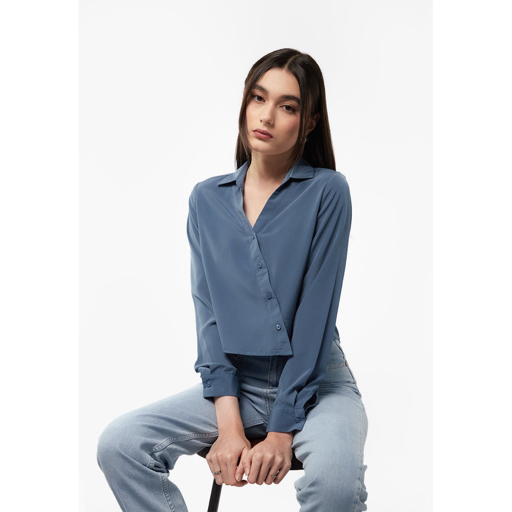Long Sleeve Satin Crop Shirt - COLORBOX (preloved)