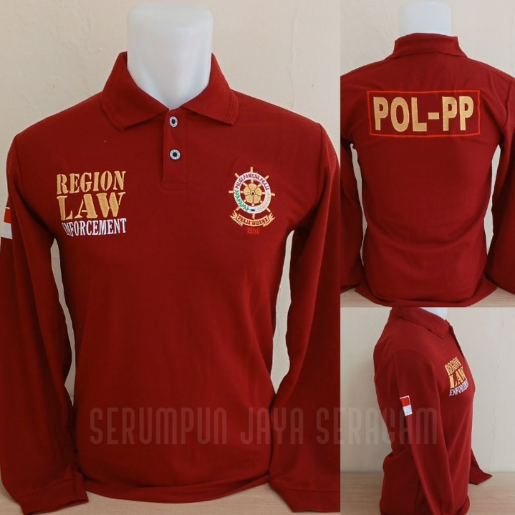 KAOS SATPOL PP MARUN LENGAN PANJANG FULL BORDIR - KAOS KERAH SATPOL PP MARUN BORDIR - KAOS POL PP MA
