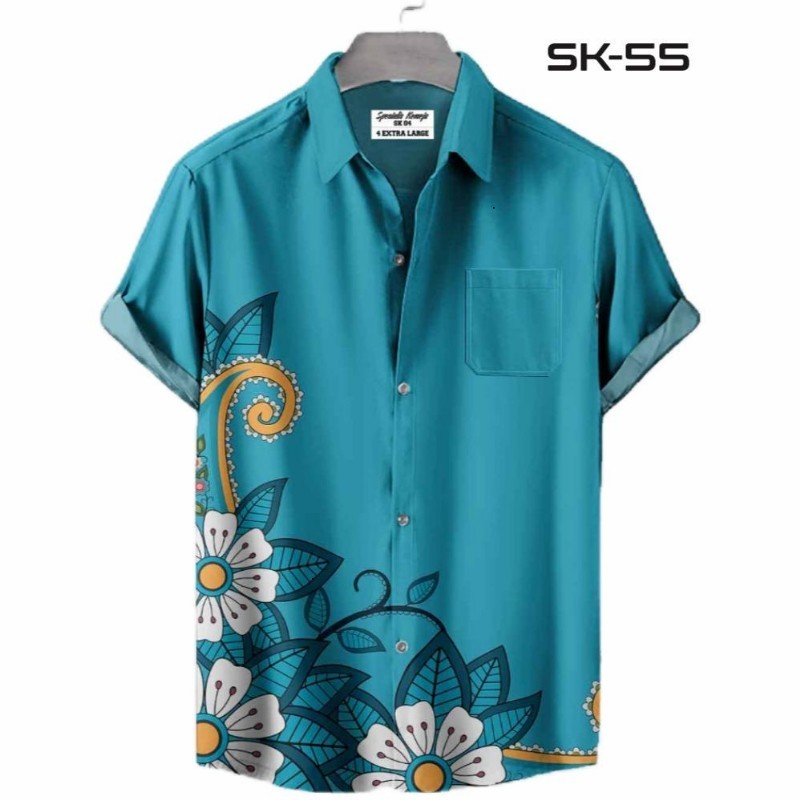 Kemeja Kasual Pria Motif Floral Modern Printing Tangan Panjang Pendek SK-55