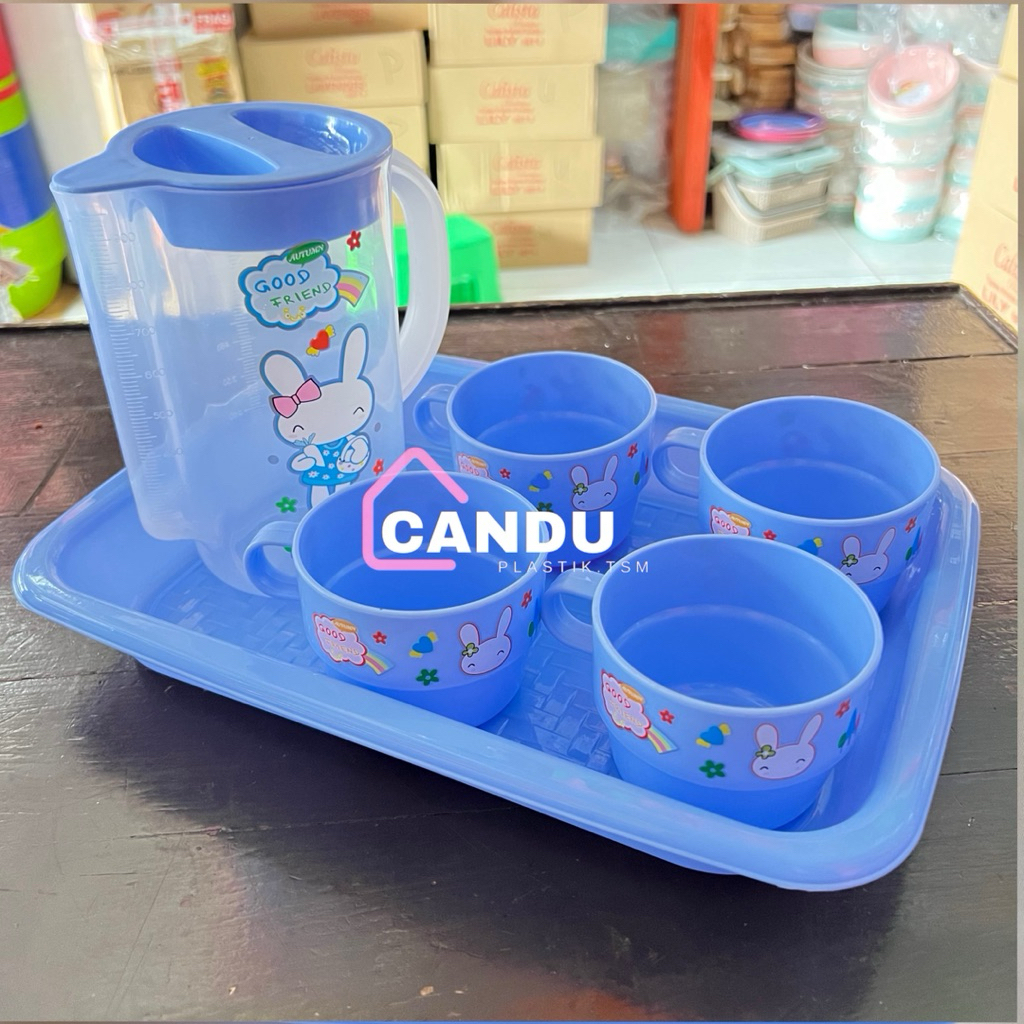 SET TEKO TAKAR SAIGON 950ML + 4 CANGKIR & NAMPAN CHERIN | TEKO PLASTIK | TEKO PIKNIK | WATER JUG | P