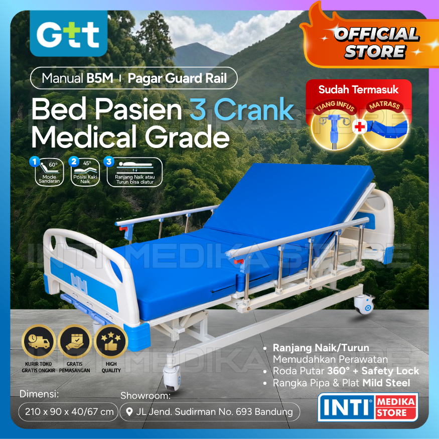 GTT - Bed Pasien MANUAL 3 Crank Ranjang Tempat Tidur Rumah Sakit