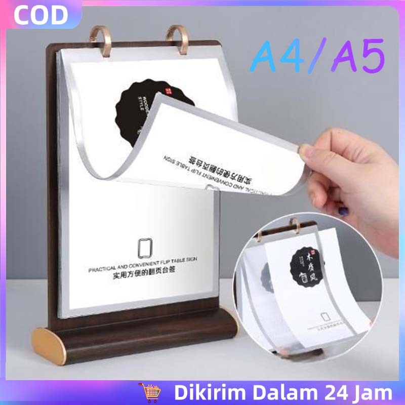 Stand Menu Meja Kayu Stand Gantungan Menu Kayu Kayu Kenari A4/A5 Standing Menu Kayu