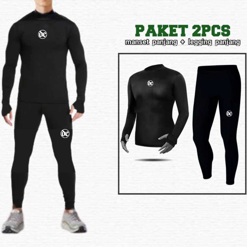 2IN1 BAJU MANSET BASELAYER LENGAN PANJANG OLAHRAGA PRIA WANITA DAN CELANA LEGING PANJANG HITAM MURAH