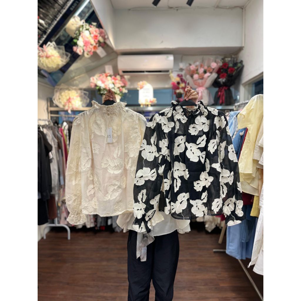 Baju wanita - Blouse Organza Bunga Kerah Tinggi import bangkok