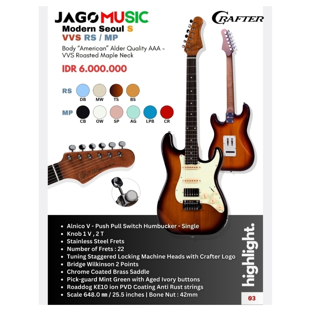 Gitar Elektrik Crafter Modern Seoul S VVS MP Roasted Maple Fretboard Stratocaster